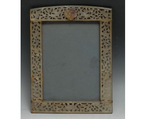 A Chinese jade easel photograph frame, the border pierced and carved with birds amongst lotus and scrolling foliage, 27cm hig