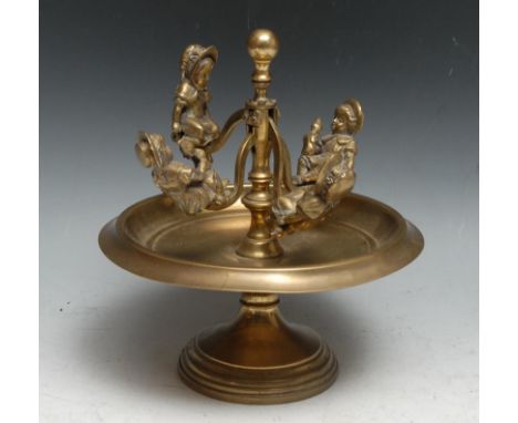 An unusual early 20th century brass table top model merry-go-round, modelled with four children on see-saw seats, 20cm diam 