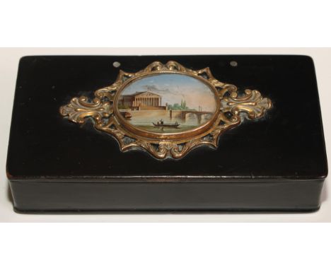 A 19th century French papier mache rounded rectangular table snuff box, hinged cover applied with a Grand Tour architectural 