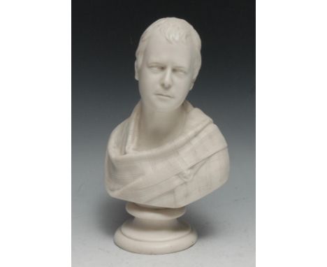 A Parian ware portrait bust, of Sir Walter Scott (1771 - 1832), waisted socle, 22cm high 