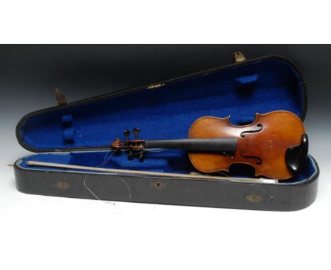 A violin, the two-piece back 31cm long excluding button, paper Stradivarius label, ebonised tuning pegs, outlined with purfli