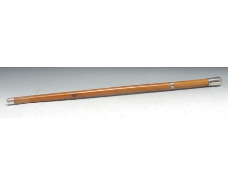 A 19th century silver coloured metal mounted walking stick, domed pommel with buckle inscribed CJ, conforming buckle ferule t