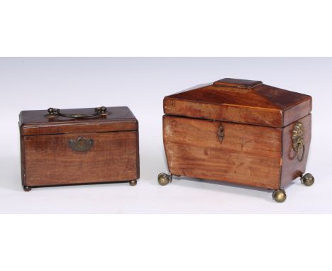A George II mahogany tea caddy, hinged cover with brass swan neck handle, enclosing two compartments, moulded borders, secret