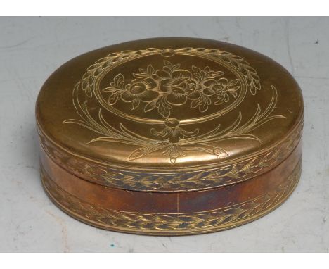 A late 18th century gilt copper oval table snuff box, engraved with flowers and palm fronds, stand-away hinged cover, 8.5cm w