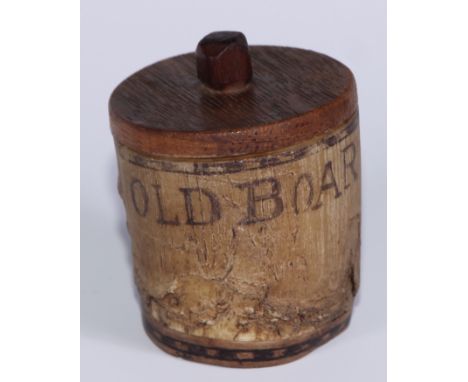 A 19th century horn snuff box or mull, sgraffito scrimshaw decorated with a pig and inscribed Old Boar, push-fitting cover, 6