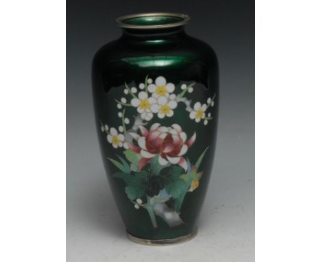 A Japanese cloisonne enamel ovoid vase, decorated in polychrome with chrysanthemums and blossoming prunus, on a green ground,