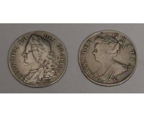 Coins - a Queen Anne half crown, 1707; a George II Lima half crown, 1745 (2) 