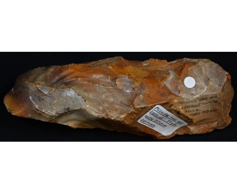 Antiquities - Stone Age, a large Danish flint core hand axe, India ink collector's inscription, 16cm long, Ertebolle Culture,