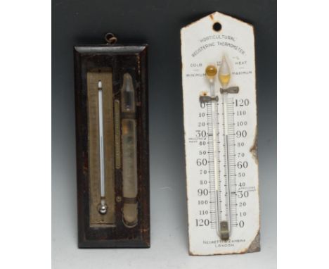 An early 20th century enamel Horticultural Registering Thermometer, by Negretti &amp; Zambra, 27.5cm long; another (2) 