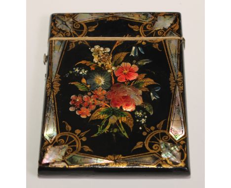 A Victorian papier mache rectangular visiting card case, inlaid with mother of pearl and decorated in polychrome and gilt wit