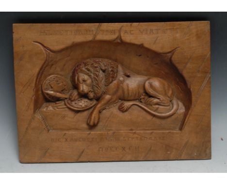 A 19th century Grand Tour panel, carved after Bertel Thorvaldsen with the Lion of Lucerne, 23cm x 32cm 