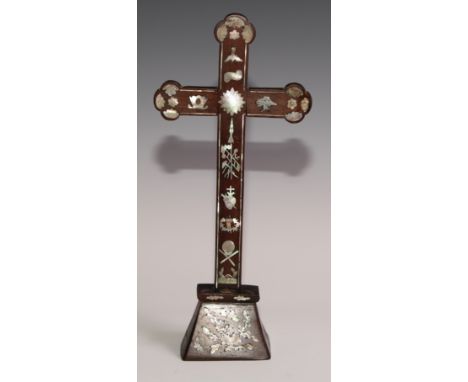 A Chinese hardwood and mother of pearl cross,  inlaid with foliage and symbols, 30.5cm high 