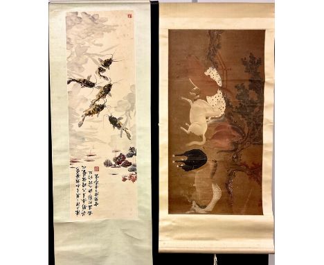 Chinese School (20th century), scroll, Horses,  inscribed with script, red seal marks, 46cm x 90cm;  another, Carp, 104cm x 3