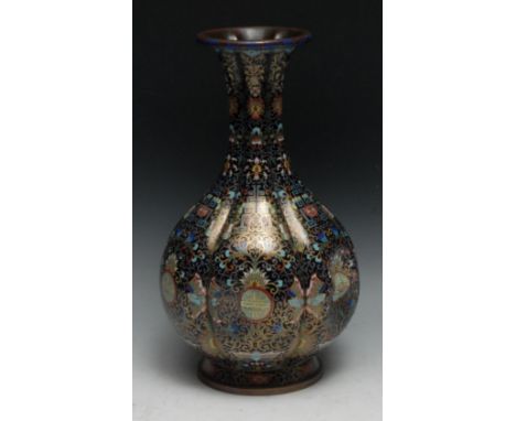 A Chinese cloisonne enamel fluted ovoid vase, decorated in polychrome with shou, butterflies, flowers and scrolls on a noir g