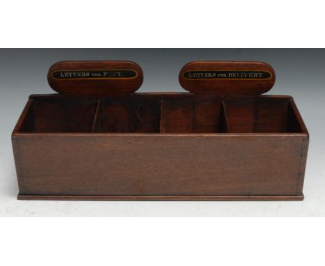 A late Victorian mahogany tapered rectangular country house post trough, with two pairs of compartments labelled Letters For 