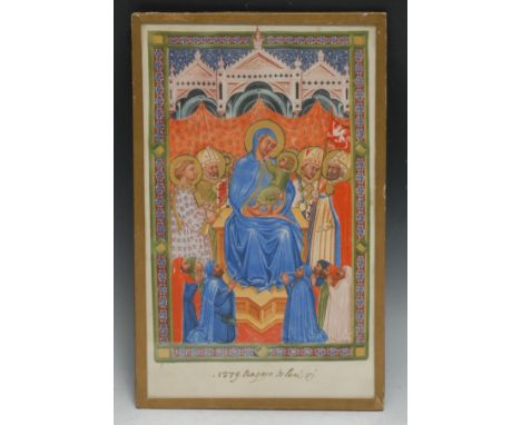 After the Medieval School, an illuminated manuscript leaf, Madonna and Child enthroned, picked out in gilt, 30.5cm x 19cm 