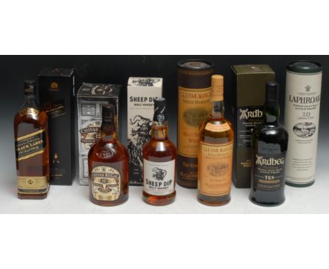 Whisky - Ardbeg Single Islay Malt Scotch Whisky, 10 Years Old, 46% vol, 1 litre, sealed, boxed; Laphroaig, 10 Years; Sheep Di