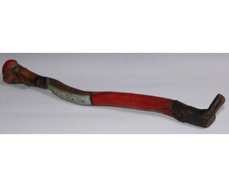 Folk Art - a substantial thorn wood walking stick or cudgel, painted in polychrome as the head of a Turk, the knarled root-ba