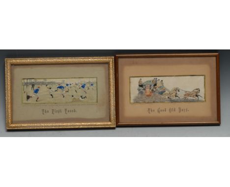 Sport - a Victorian Stevengraph, The First Touch, depicting a rugby match, 5.5cm x 15cm, framed; another, The Good Old Days (