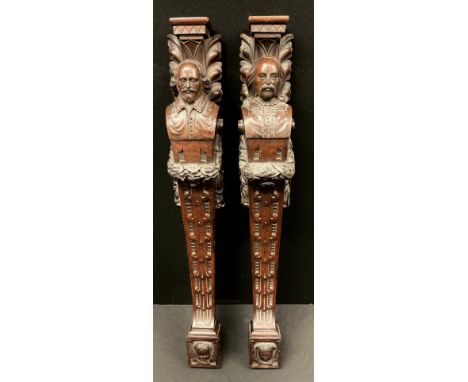 English Literature- a pair of 19th century oak pilasters, boldly carved with portrait busts of William Shakespeare and Geoffr