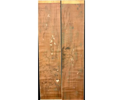 A Chinese scroll, pigments on silk, with with herons and peacocks, 41cm x 175cm x 51cm;  another, with ducks (2) 