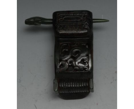 A Chinese jade hair ornament, in the Archaic taste, 9cm long 