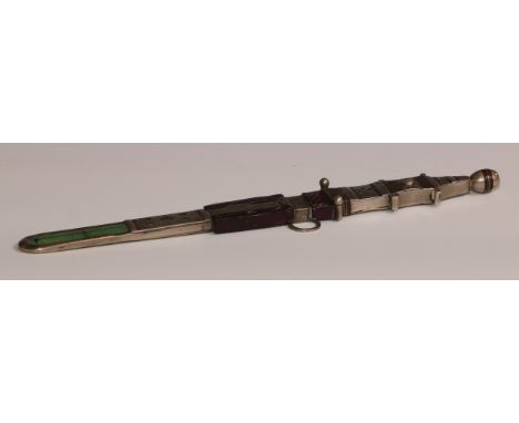 A Telek silver coloured metal dagger, 13.5cm pointed fullered blade,  ovoid pommel, the scabbard trimmed in shagreen and leat