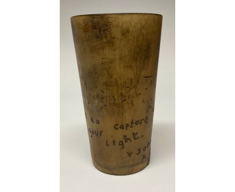 A 19th century horn beaker, sgraffito scrimshaw engraved as a love token with lunar crescents and inscribed 2 Moons to Captur