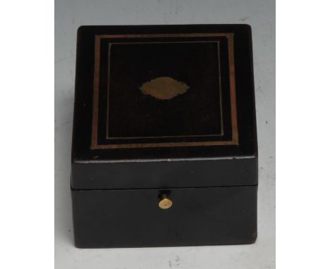 A 19th century French ebonised rectangular pocket watch box, hinged cover inlaid with a brass cartouche and stringing, enclos