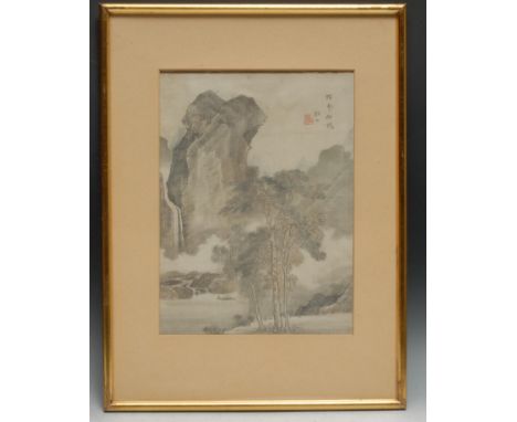 Chinese SchoolMonumental Landscapesigned, red seal mark, watercolour on silk, 28.5cm x 20.5cm 