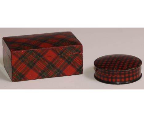 A Scottish tartan ware ware circular snuff box, Rob-Roy, push-fitting cover, 6cm diam, c.1900; another box, rectangular, Stua