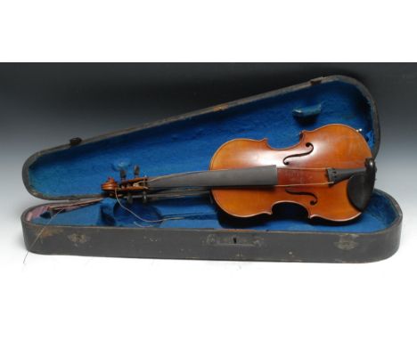 A violin, the one-piece back 33cm excluding button, Copie de Stradivarius label, ebony tuning pegs, outlined with purfling, 5