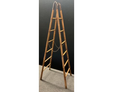 A 19th century ash library ladder, faux bamboo stiles and rungs, iron fittings, 175cm high 