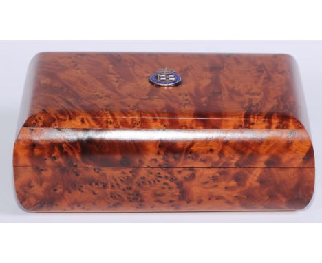 Shipping and Cruise Line Interest - a thuya wood bowed rectangular casket, applied with an enamel insignia, Orient Line, SS O