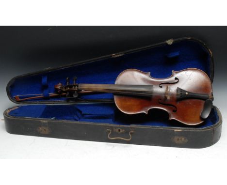 A violin, the two-piece back 35.5cm excluding button, ebony tuning pegs, outlined throughout with purfling, 60cm, long overal