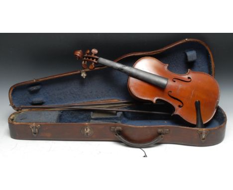 A violin, the two-piece back 33cm excluding button, paper label printed Medio Fino, rosewood tuning pegs, 54cm long, the bows