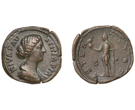 Roman Imperial Coinage, Diva Faustina Junior, Sestertius, after 176, draped bust right, rev. aeternitas, goddess standing lef