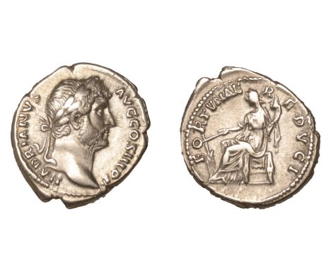 Roman Imperial Coinage, Hadrian, Denarius, c. 130, laureate bust right, rev. Fortuna seated left, holding cornucopiæ and rudd