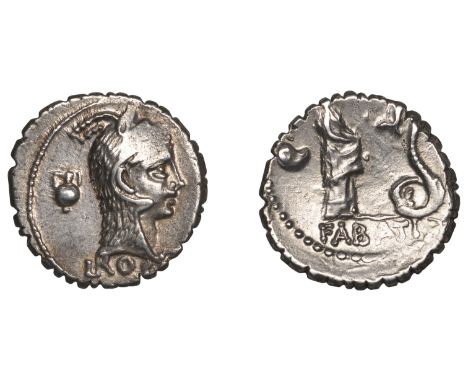 Roman Republican Coinage, L. Roscius Fabatus, Denarius, c. 64, head of Juno Sospita right, wearing goat-skin headdress, ampho