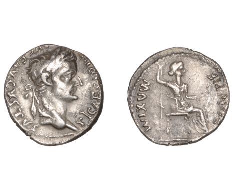 Roman Imperial Coinage, Tiberius, Denarius, Lugdunum, after 16 AD, laureate bust right, rev. Livia seated right on ornate sto