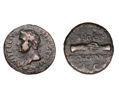 Roman Imperial Coinage, Vitellius, As, Tarraco, 69, laureate head left, globe at point of neck, rev. fides exercitvvm, claspe