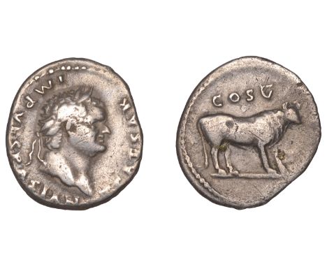 Roman Imperial Coinage, Titus (as Cæsar), Denarius, 76, laureate head right, rev. heifer right, 2.70g (RIC 858; RSC 52). Ligh