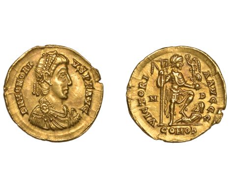 Roman Imperial Coinage, Honorius, Solidus, Mediolanum [Milan], c. 402-3, d n honorivs p f avg, pearl-diademed, draped and cui