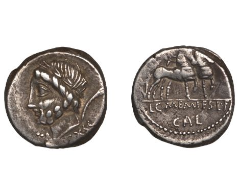 Roman Republican Coinage, L. and C. Memmius L.f. Galeria, Denarius, c. 87, laureate head of Saturn left, harpa behind, ex sc 