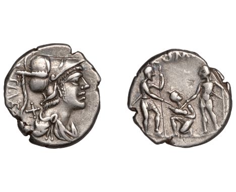 Roman Republican Coinage, Ti. Veturius, Denarius, 137, helmeted and draped bust of Mars right, rev. kneeling figure holding p