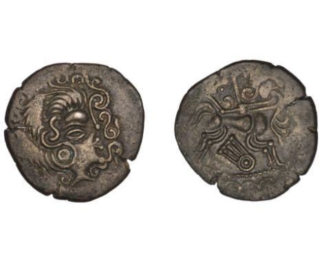 ARMORICAN, Coriosolites, billon Stater, Lyre type, head of sun-god right with stalk lips, rev. stylised horse right, lyre bel