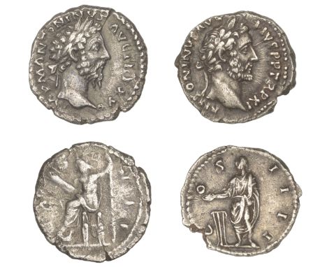 Roman Imperial Coinage, Antoninus Pius, Denarius, 148, rev. Antoninus, togate, standing left sacrificing over tripod-altar, 3