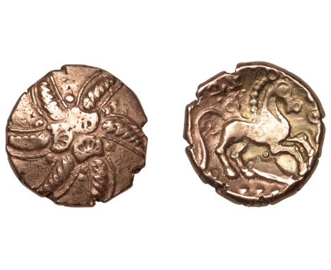 TRINOVANTES, Addedomaros (45-25 BC), Stater, class 3, spiral of six limbs, three crescents in centre, rev. horse right, three