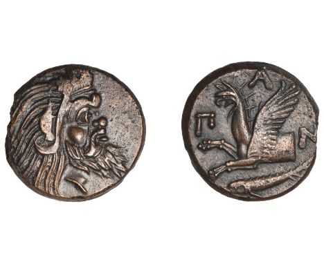 Greek Coinages, CIMMERIAN BOSPOROS, Pantikapaion, Æ Unit, 330-300, bearded head of Pan right, rev. bull’s head right, 7.33g (