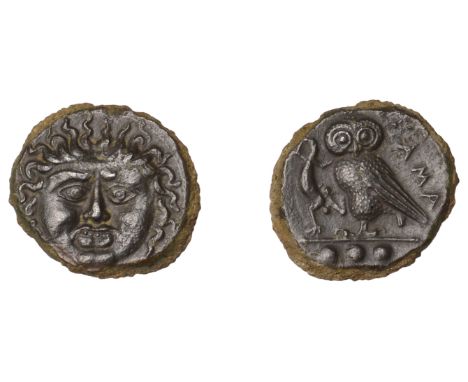 Greek Coinages, SICILY, Kamarina, Æ Tetras, 420-05, facing gorgoneion, rev. owl standing left, holding lizard, three pellets 